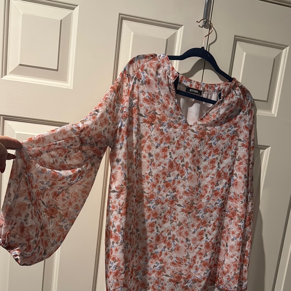 Pink and Orange Ruffled Bell Sleeve Blouse